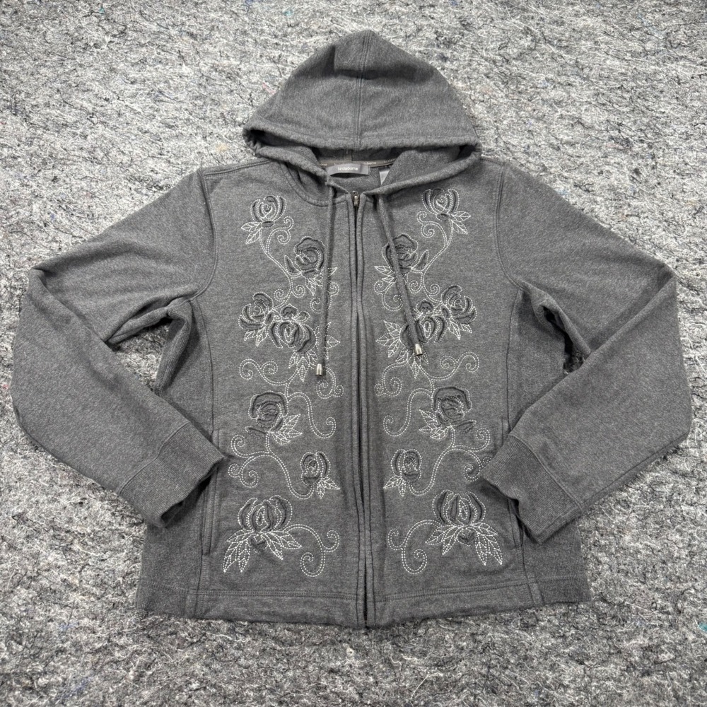 Liz Claiborne Womens Gray Floral Embroidered Full Zip Hoodie Sweatshirt Size M